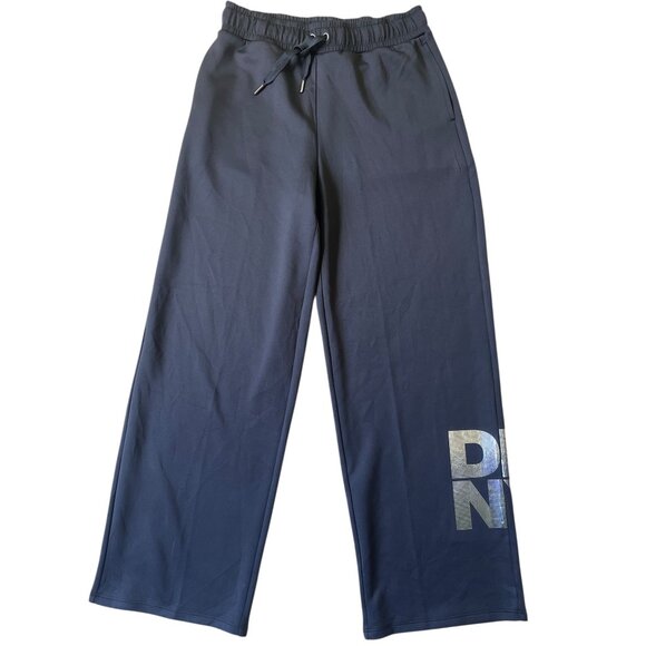 DKNY Y2LK Trrack Pants Womens Medium Black Logo Flare Hem City Athleisure - Picture 1 of 11